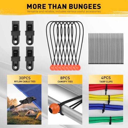 ELEAD 33 Piece Premium Bungee Cords Assortment Jar, Includes 10", 18", 24", 32", 40" Bungee Cord with Hooks, 6" Nylon Cable Ties, 8" Canopy Tarp Ball Ties and Tarp Clips by ELEAD - Image 5