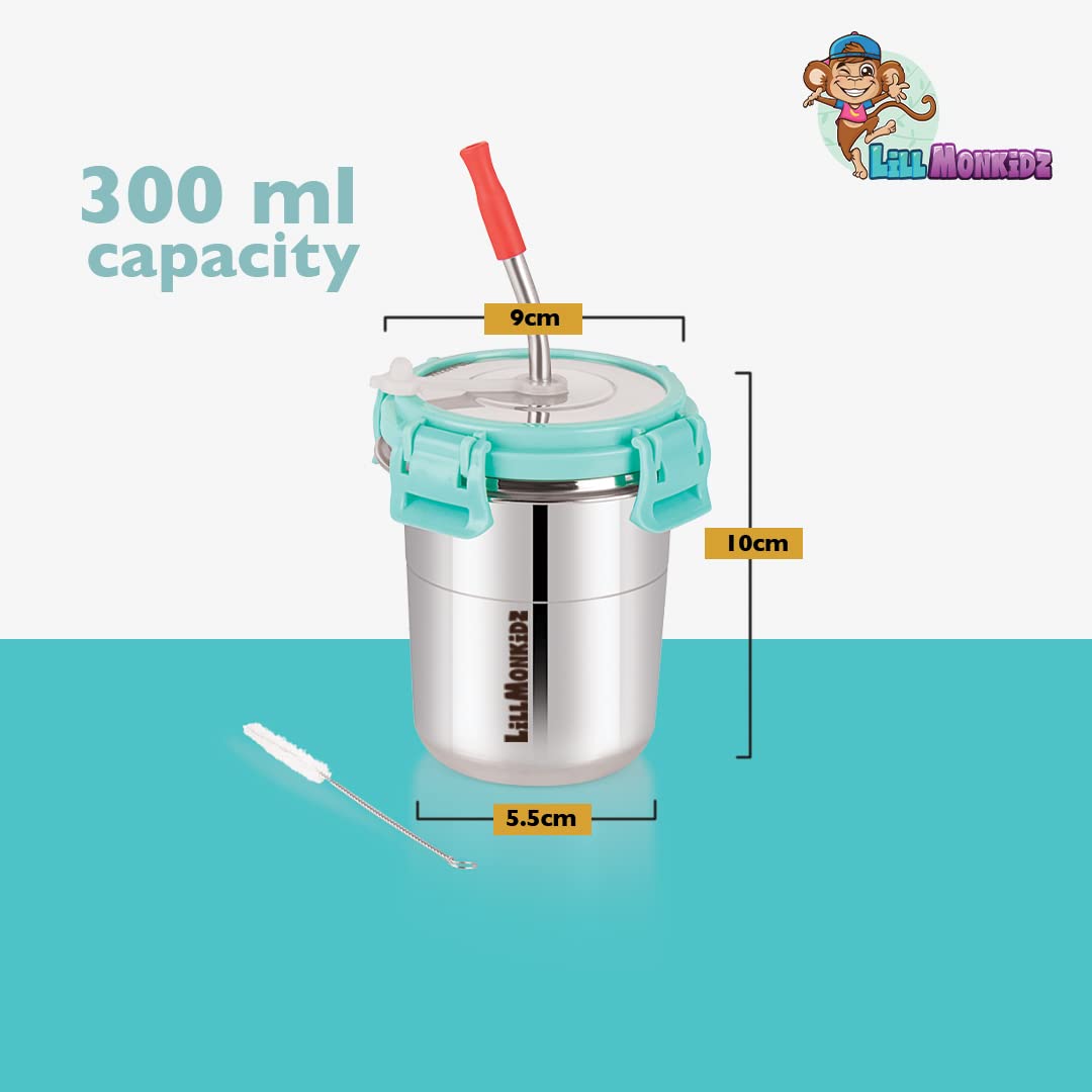 LiLLMONKiDZ Stainless Steel Tumbler for Kids | Tumbler Glass with Straw for Kids | Steel Tumbler with Lid, Straw, Cleaning Brush and Silicon | (Sea Green, 300ml) (Sea Green) - Image 2 thumbnail