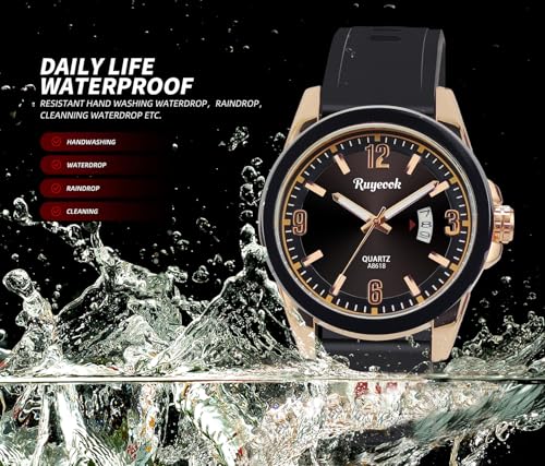 RUYEOOK Men's Quartz Stylish Wrist Watch, Business Casual Sport, Calendar Display, Military Design, Waterproof Rubber Silicone Band Watch (A8618-gold Black) by RUYEOOK - Used condition - Image 3