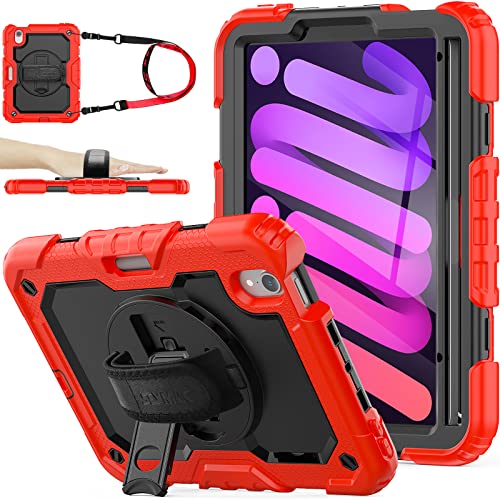 Image of SEYMAC stock Case for iPad Mini 6 8.3'' 2021 with Screen Protector Pencil Holder [360 Rotating Hand Strap] &Stand, Drop-Proof Case for iPad Mini 6th Generation 8.3 inch, Black+Red
