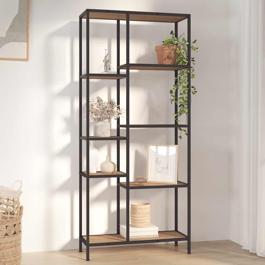 Wood and Metal Bookshelf, 80x30x180 cm, Light Brown and Black | This industrial multi-tier organizer offers space-saving vertical storage for living rooms, bedrooms, and home offices.