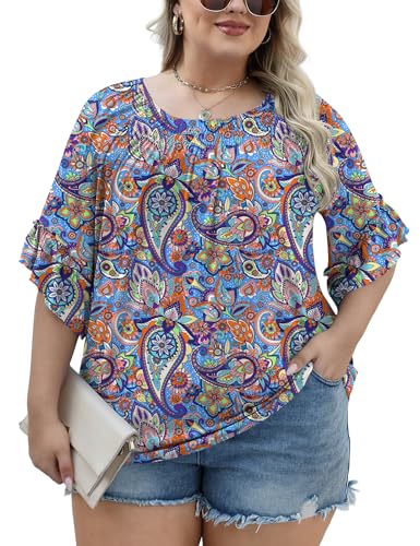 Image of Micoson Womens Plus Size Tops 3 /4 Ruffle Sleeve Crewneck Pleated Shirts