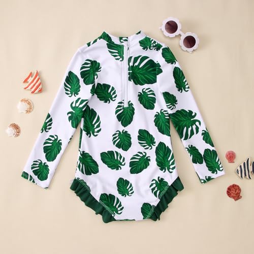 CM C&M WODRO Girls' Long Sleeve Zipper One Piece Swimsuit Kid Flower Print Rashguard Bathing Suit UPF 50+ Swimwear 7-122