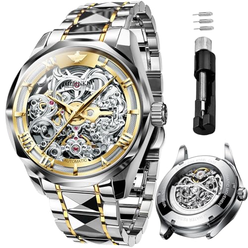 Image of OUPINKE Automatic Watch for Men Self Winding Skeleton Mechanical Luxury Tungsten Steel Bracelet Waterproof Date Day Wrist Watches