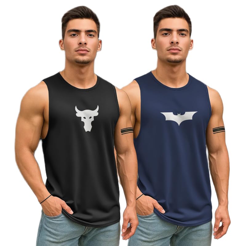 Men Printed Sleeveless T-Shirt (Black Bull+Navy Batman_M)(Pack of 2)_PT-image-33