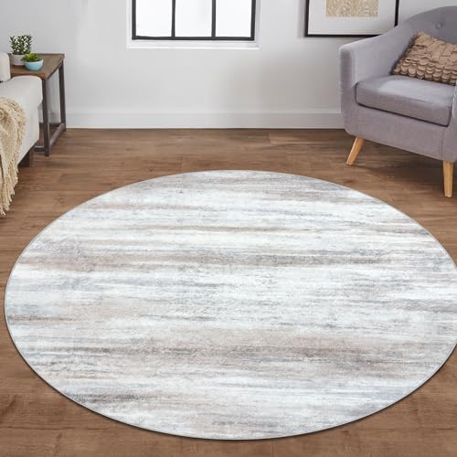 KOZYFLY Modern Abstract Round Rug 5Ft, Washable Kitchen Rug Non-Slip Soft Bathroom Circle Rug, Beige Striped Entryway Rugs Abstract Print Faux Wool Doormat for Bedside Entrance Bedroom Sink