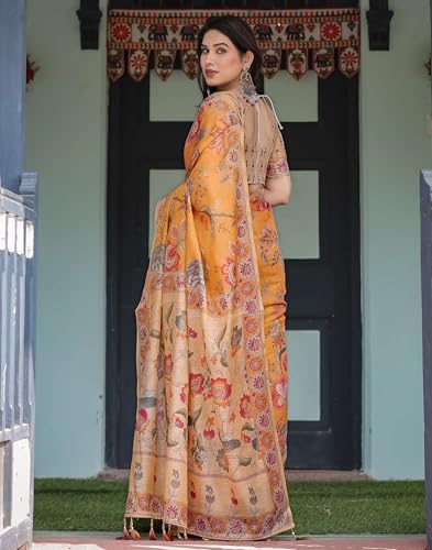 Image of SIRIL Women's Cotton Linen Printed Handloom Saree with Unstitched Blouse Piece