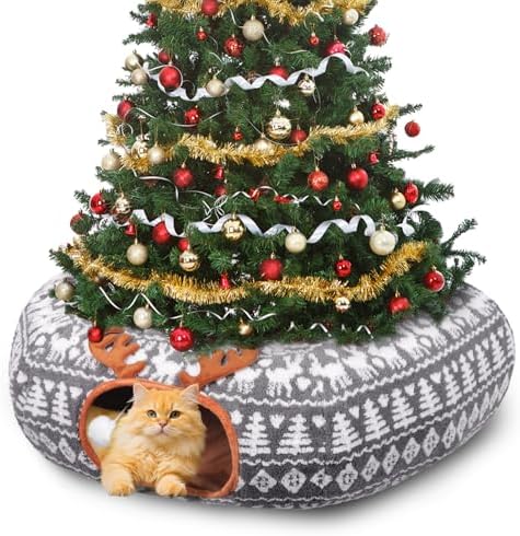 Petrendy Christmas Cat Tunnel Bed - Cat Tunnels Christmas Tree Skirt for Indoor Cats - Soft Plush Cats Donut Cave with Washable Mat, Pet Play Toy Xmas Decor for Kitten, Rabbit, Puppy, Small Animal
