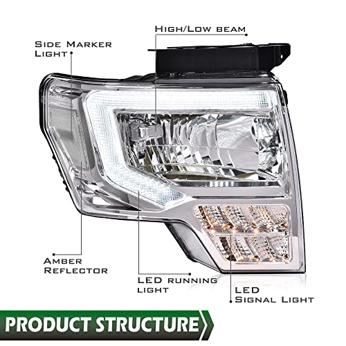 Image of GRAND ORANGE LED DRL Headlight Assembly Compatible with Ford F150 2009-2014 Headlamps Driver & Passenger Side Clear lens Chrome Housing White Reflector FO2503287 DL3Z13008B