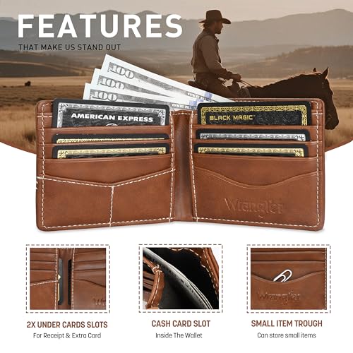 Wrangler Men's Leather Bifold Wallet - Minimalist Wallet for Men with Card Holder - Western Wallets, Gifts for Men3