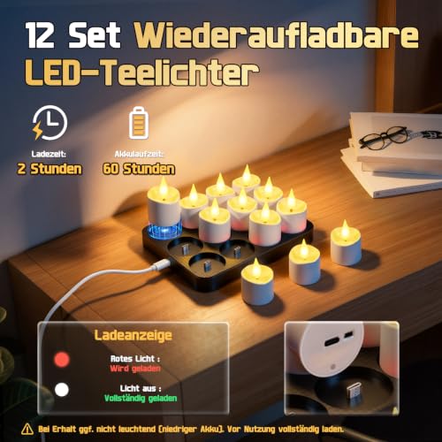 BIIB 12er LED Teelichter Wiederaufladbar mit Fernbedienung Ladestation – Ansicht 3