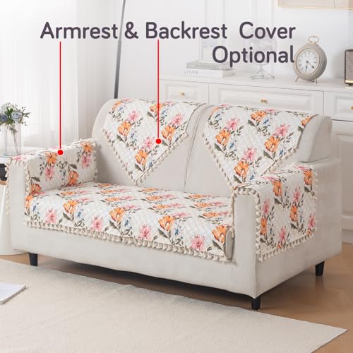 Image of HOKIPO Painterly Floral 2 Seater Quilted Sofa Cover Mat with Tassels 'Tassel Twigs' Series (IN-983-T8)