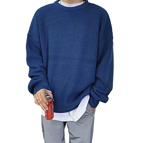 Image of MOMEITU Korean Fashion Sweaters Men Autumn Solid Color Wool Sweaters Slim Fit Mens Clothes Knitted Sweater Men Pullover (blue,L,Large)