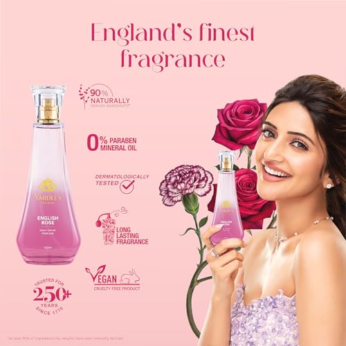 Image of Yardley London English Rose Perfume for Women, 50ml - 90% Naturally Derived, Floral Daily Wear Spray | Rose & Musk Fragrance