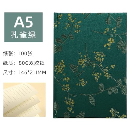 Joucien A5 Caderno minimalista de tecido de seda Rattan Flower Groove Press Notebook-verde-21 * 14,5
