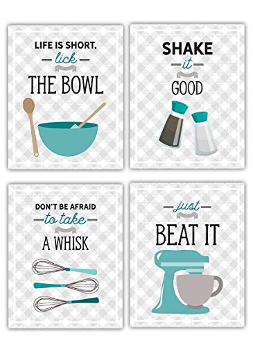 Teal Blue Retro Vintage Kitchen Wall Art Prints - Set of 4-8x10 UNFRAMED Gray, Teal & White Kitchen Utensil Digital Prints Perfect for Rustic, Modern Farmhouse, Mid-Century,Country Decor.