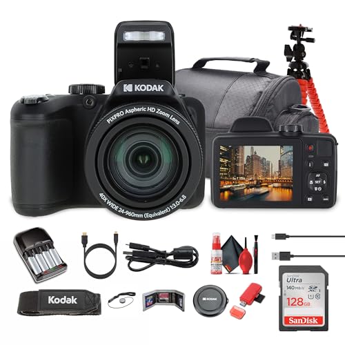 Image of Kodak Pixpro AZ405 Digital Camera in Black (AZ405BK) Bundle Including: 128 GB Memory Card, Rechargeable Batteries, Case, Flexible Tripod, Neck Strap, Lens Caps, Full Cleaning Kit, More Accessories
