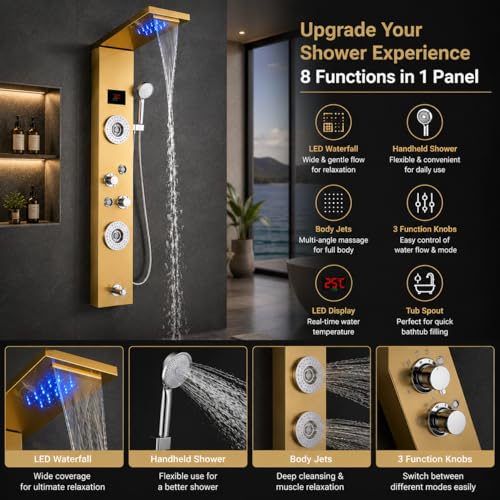 Image of Stainless Steel 304 Grade Shower Panel 8in1+ Extra Large 3Ways Hand Shower With LED Rainfall Waterfall 2Body Massage 4Mist Spray Temperature Display Shower Panel (Gold)