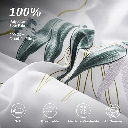 Djy Botanical Comforter Set Queen Size, Green Bamboo Leaves Reversible Bed Comforter Sets Soft Microfiber Bedding Set 3 Pieces (1 Comforter And 2 Pillowcases) For All Season #TOP4