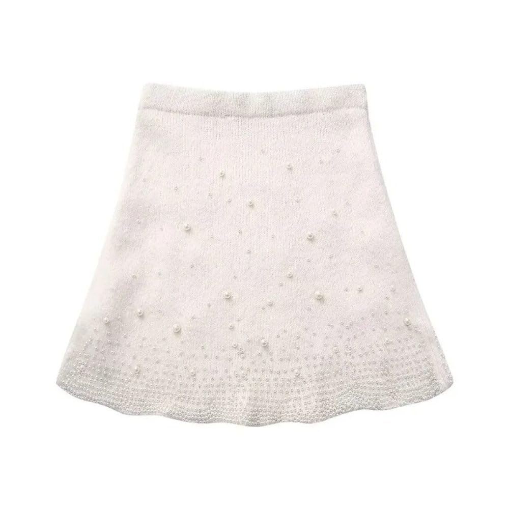 SWEPER Falda Corta De Mujer - Falda De Punto con Decoración De Perlas Artificiales para Mujer, Elegante, Cintura Elástica, Minifalda De Corte A, Invierno
