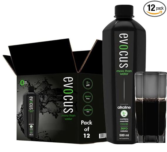 Evocus Black Alkaline Drink Infused with Essential Minerals, 8+ pH (500Ml) Pack Of 12