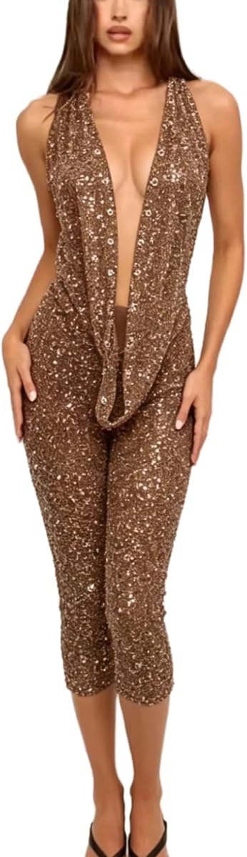 Jumpsuit for Women Sequin Cowl Neck Bodycon Capri Romper Night Out Party Outfit
