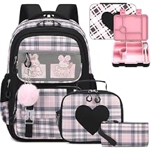 Bevalsa Kids Backpack for Girls with Bento Lunch Box Set, Plaid Purple Bookbag Backpack for Girls Kid, 43oz Lunch Containers Lunchbox, Insulated Lunch Bag & Pencial Case, Back To School Gift