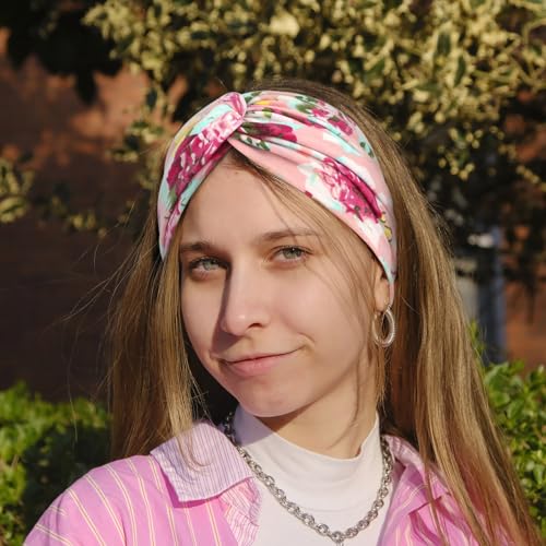 Image of DRESHOW 6 Pack Boho Non-Slip Headbands for Women Girls Yoga Workout Running Knotted Turban Floral Printed Elastic Head Wrap