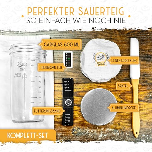 KRUSTENZAUBER 2er Set Gärkörbchen & 600ml Sauerteig Starter Set im Vorteilspack - Gärkörbe aus Rattan...