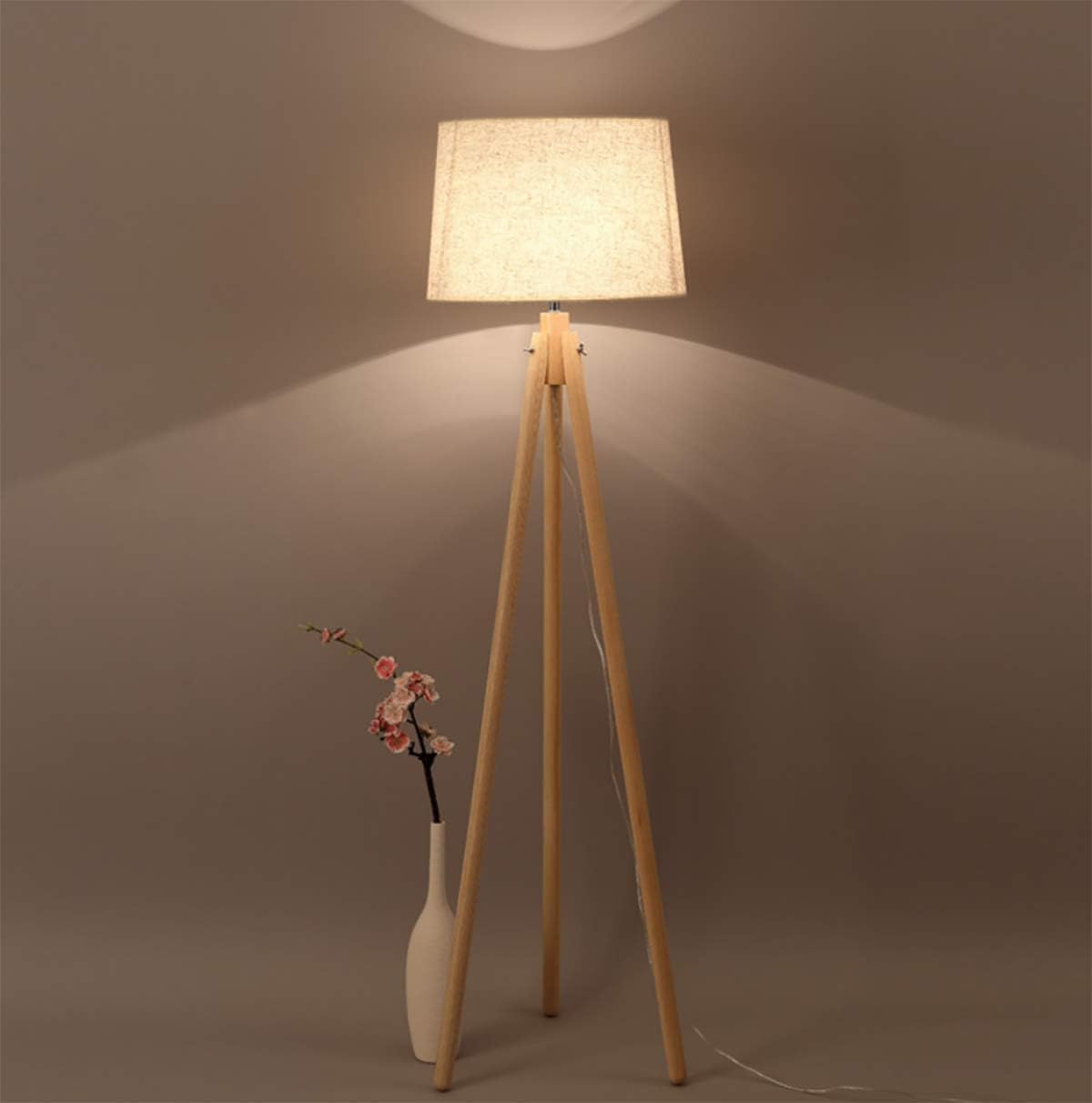 GDLight Wood Tripod Floor Lamp with Linen Cloth Lampshade Modern Minimalism Standing Light Reading Light for Living Room Bedroom, E27