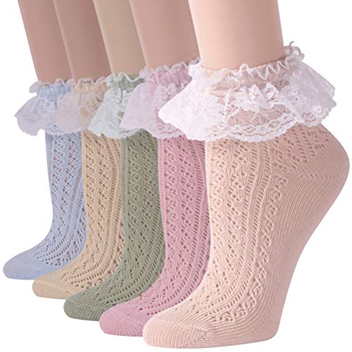 KitNSox Funcat Women's Lace Ruffle Frilly Colorful Floral Cotton Casual Novelty Ankle Socks 4/5/6 Pairs