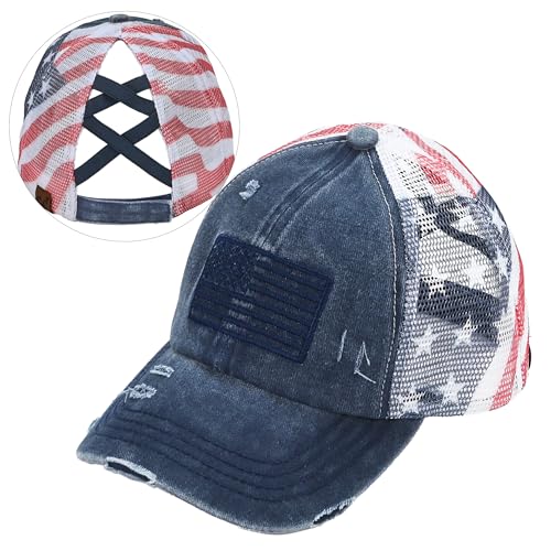 C.C Womens Criss-Cross Ponytail Baseball Cap Embroidered Cotton Front American Flag Mesh Back Adjustable Velcro (US Alpha One Size Navy)