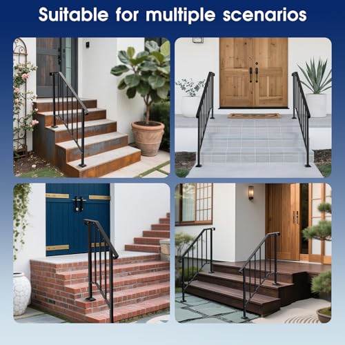Outdoor Handrails for Steps, Stair Railing Kit for Concrete & Porch Steps, Adjustable Black Iron Hand Rail for Seniors, Easy Installation, Retro Arch Design (2 Pack-3 Steps) - Thumbnail 5