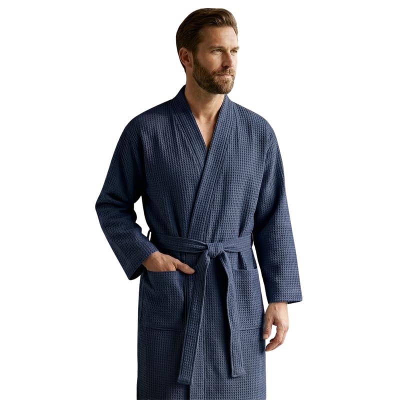Mens Waffle Bathrobe Cotton Dressing Gown Lightweight Towelling Housecoat Long Sleeve Belted Lounge Robe Soft Breathable Nightwear Navy L