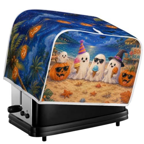 Image of Talayituse Beach Ghost Pumpkin Print Toaster Cover 2 Slice Wide Slot, Lightweight Bread Maker Cover Dust Protection Washable Appliance Bag Halloween Decor, S