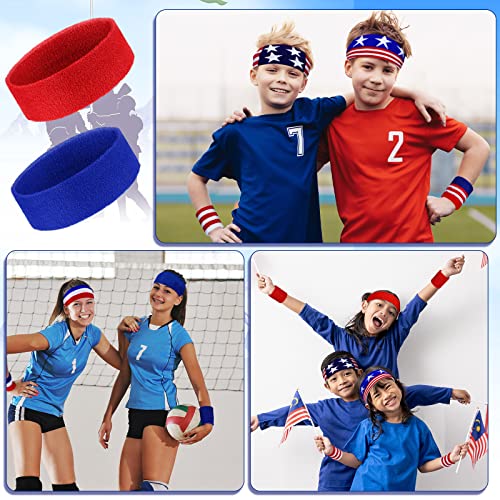 Image of Hungdao 6 Set Kid Sports Sweatband Red White Blue Athletic Sweat Band American Flag Headband Wristband Set Absorbing Head Band for Girl Boy Women Men Sports Basketball Workout