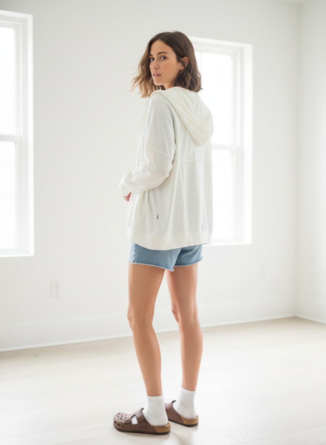 Womens Oversized Cardigan Hooded Open Front Sweatshirt Drop Shoulder Long Sleeve Fall Jackets Outwear(White,M) - Image 5