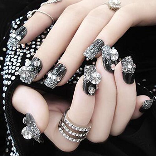 Dongcrystal 24Pcs 3D Bling Nail Art Jewelry Glitter Rhinestone Decor Nail Tips Black Fake Nails