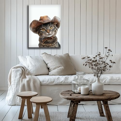 Toile murale chat cowboy fantaisiste 80x120cm sans cadre décoration salon et chambre d'enfant