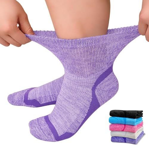 ZFSOCK Diabetic Socks Bamboo for Women: Extra Wide Soft Top Ankle Socks for Swollen Feet Seamless Toe Hospital with Gentle Grips Non-Elastic Loose Fitting Edema Sock 6-8 Mix 5 Pairs