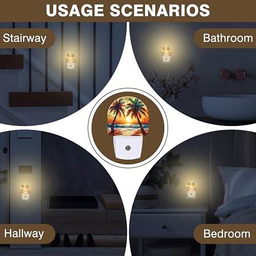 Image of Night Lights Plug into Wall Beach Sunset with Palm Trees Night Light Dusk to Dawn Smart Sensor Decorative Round Led Lamp for Bedroom Kitchen Hallway Nightlight for Women Men