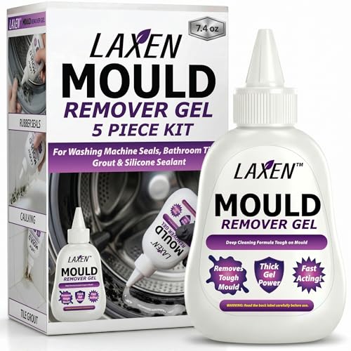 Laxen Mould Remover Gel 220ml for Washing Machine Seal & Rubber Gasket Black Mould Mildew & Stain Remover for Bathroom Grout Shower & Sink Front Load Washer Cleaner Kit (5 Piece Kit)