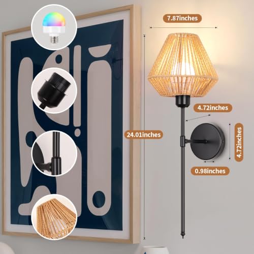 Image of Battery Operated Wall Sconces Set of 2, Rattan Rechargeable Wall Light Dimmable with Remote Control, 15 Color Changing and Timer, 24 inch Boho Black Gold Wall Lamps for Bedroom,Living Room