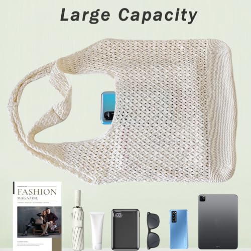 Crochet Tote Bag for Women, Cute Crochet Mesh Beach Bag Summer Beach Tote Bag Summer Vacation Aesthetic Boho Knit Bag for Women (Beige)4