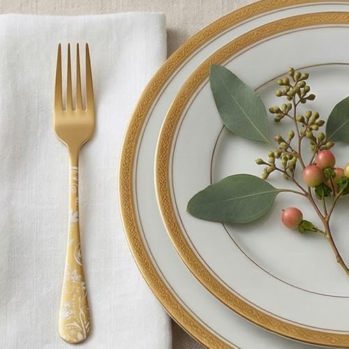 Image of 8.1 inch Aurum Gold Dinner Forks with Floral Printed Handle | 5-Piece Premium Stainless Steel Flatware Set | Elegant Dishwasher-Safe Cutlery for Home, Restaurants, and Gift Giving