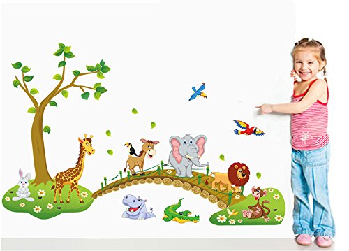 HALLOBO® XXL muursticker muursticker kinderkamer bos dierenbrug dier brug boom olifant giraffe uilen mier muursticker… - Afbeelding 3
