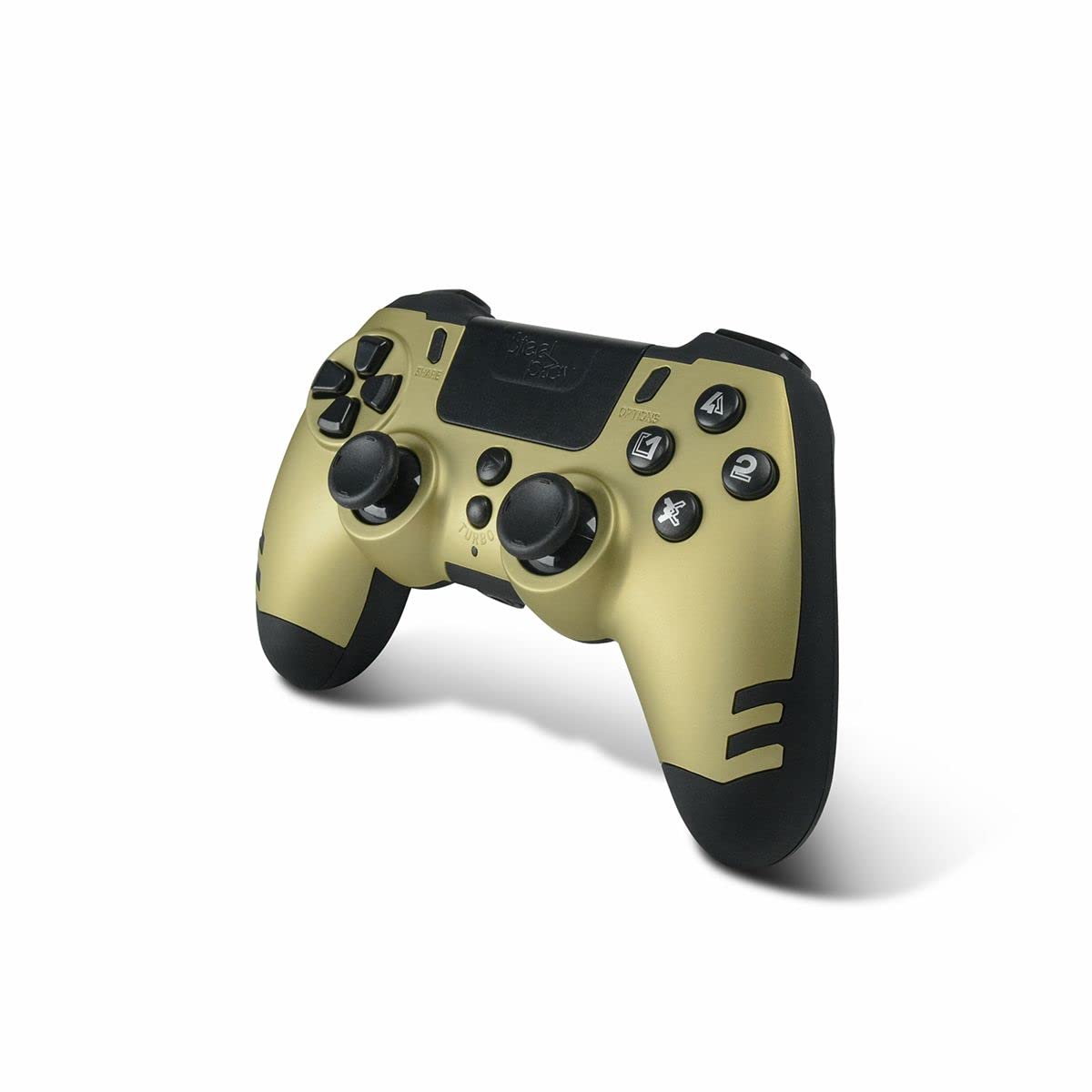 Steelplay Slimpack - Manette sans Fil 2,4 GHz, Compatible PS4/PS3/PC, Double Retour de Vibration, 4 palettes arrière programmables, Ergonomique et Confortable - Or