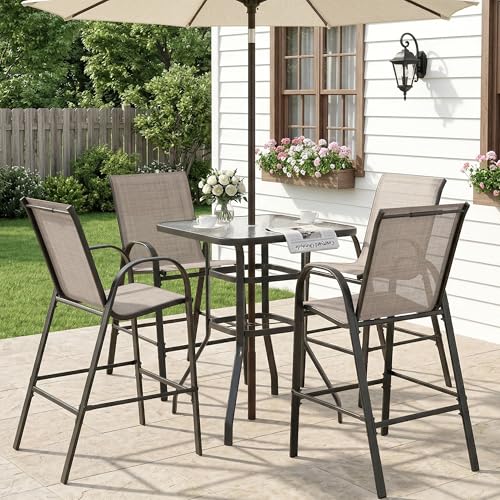 Image of HOMREST Outdoor Bar Height Stools Set of 5,4 High Back Patio Bar Chairs with Outdoor High Top Table,All Weather Outdoor High Top Bistro Set Furniture for Patio,Balcony,Taupe