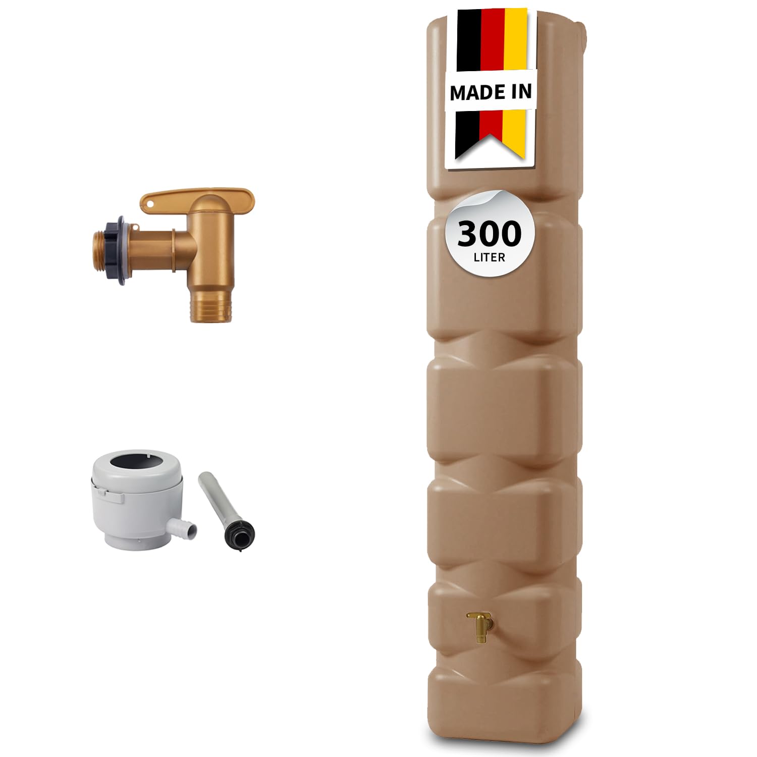 4rain Basic Regentonne Set 300 Liter Taupe Wassertonne | mit Kunststoff-Auslaufhahn Fallrohranschluss Regenwassertank Wassertank für Garten Regenfass Regenwassertonne Wasserbehälter