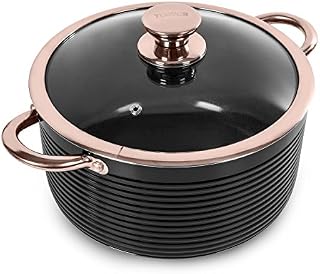 Tower T800002RB Casserole Dish with Lid, Linear Collection with Easy Clean Non-Stick Ceramic Coating, Aluminium, Black and Rose Gold, 4 Litres